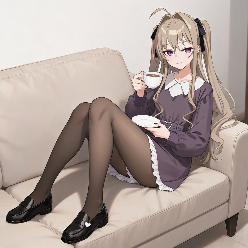 Anime girl with blonde twin tails and purple eyes sitting on a beige couch holding a coffee cup a...