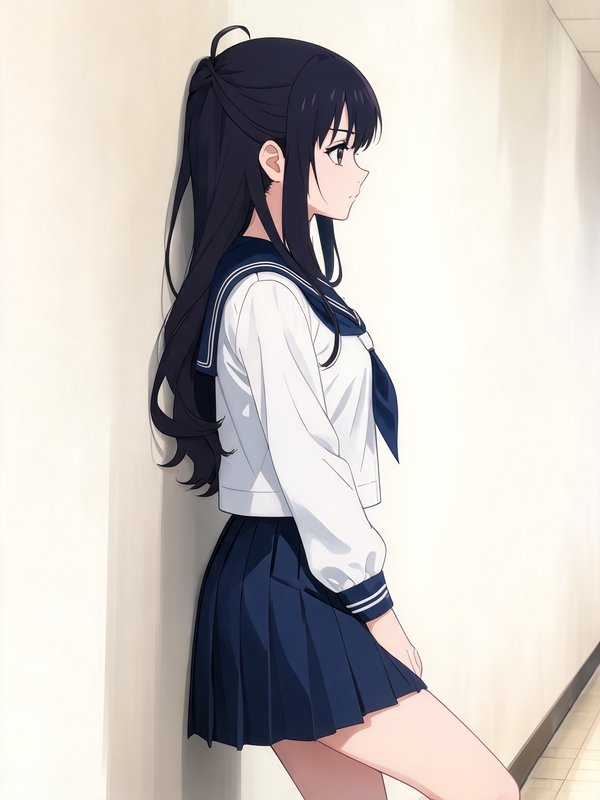 Profile view of anime girl with long dark hair in sailor uniform leaning against a bright school ...