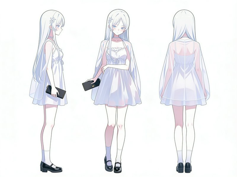 Anime character reference sheet showing 3 views of a pale silver-haired girl in a sheer white flo...