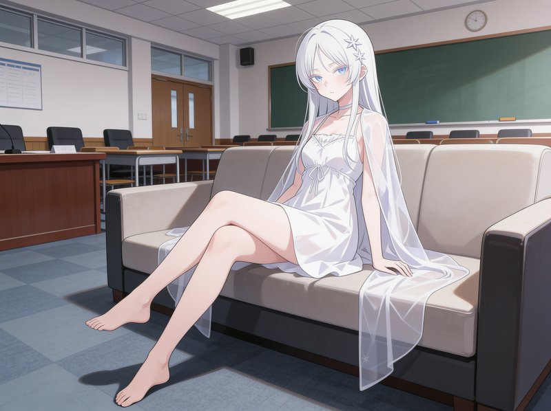 Anime girl with long white hair and blue eyes sits on a couch in a bright school classroom, weari...