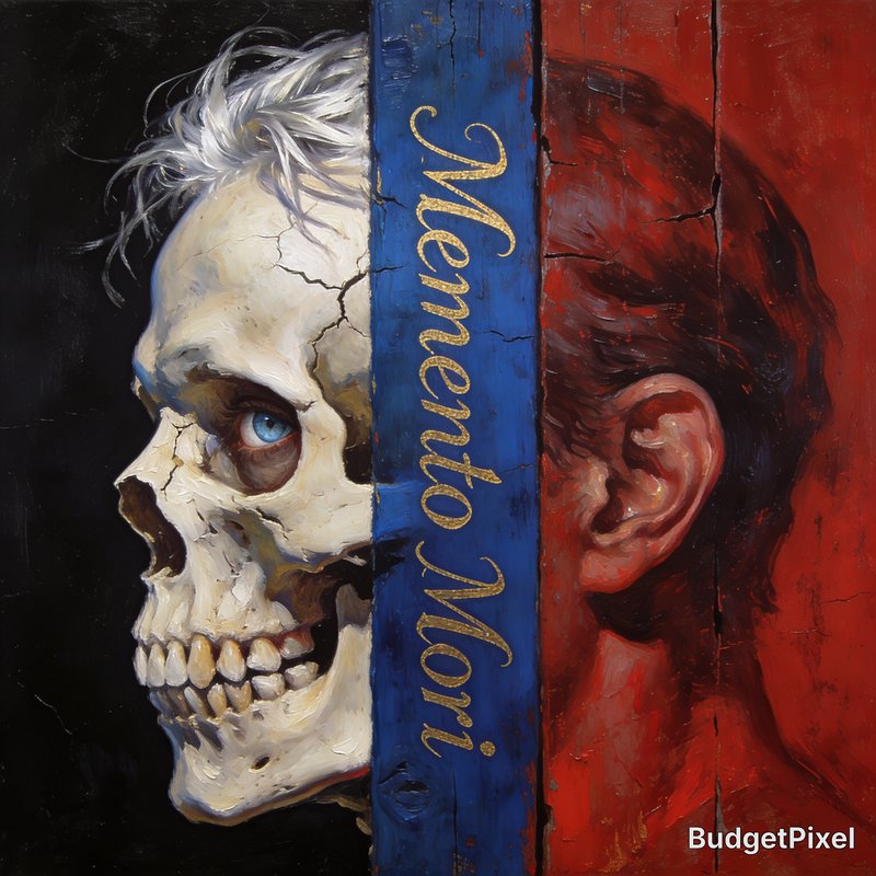 Split-faced painting with a skull on the left and a living man on the right, separated by a blue ...