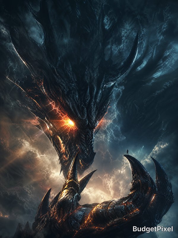 Dark colossal dragon with glowing orange eye and jagged scales looming over a fiery, stormy lands...