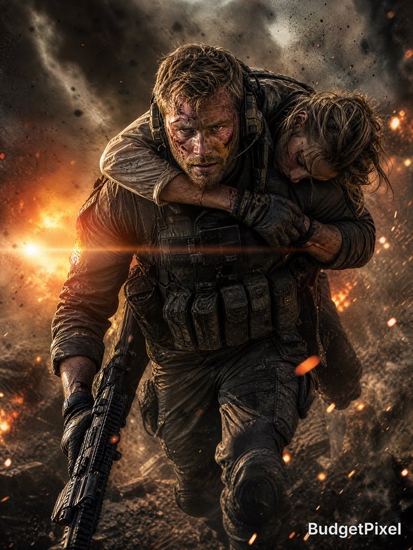 A rugged soldier carries a wounded woman through a fiery, smoke-filled battlefield.