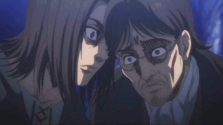 Two frightened anime characters lean in close in a dark blue scene, one with long hair and the ot...