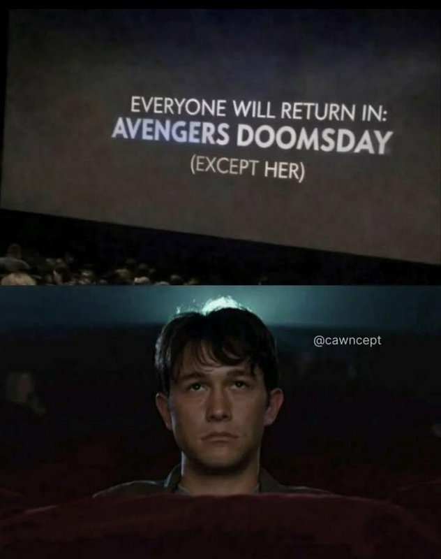Movie theater screen shows "Everyone will return in: Avengers Doomsday (Except Her)" with a man s...