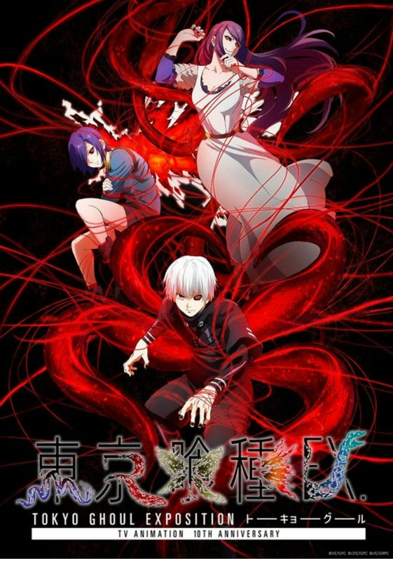Tokyo Ghoul promotional poster with three characters and swirling red kagune on a dark background.