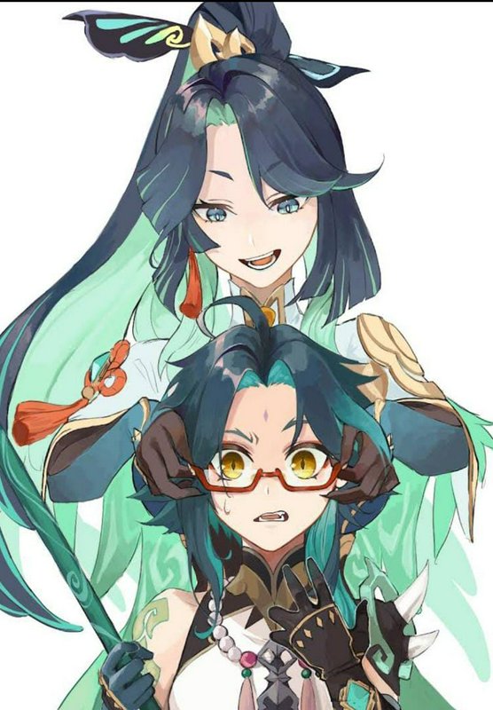 Two anime-style female characters with green/teal hair, one adjusting the other’s glasses.
