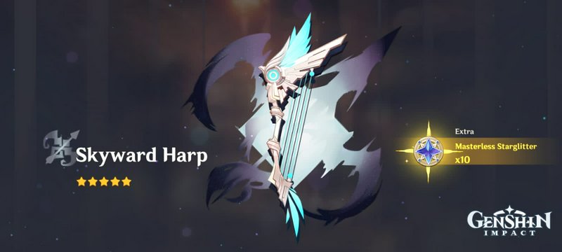 Skyward Harp bow from Genshin Impact with glowing blue accents and crystal wings