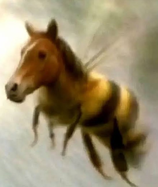 Ambiguous soft painted optical illusion appearing as a whimsical horse and bumblebee hybrid creature