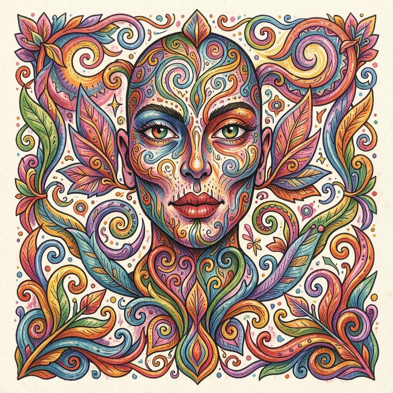Psychedelic illustrated portrait of a person with swirling floral face art, framed by ornate deco...
