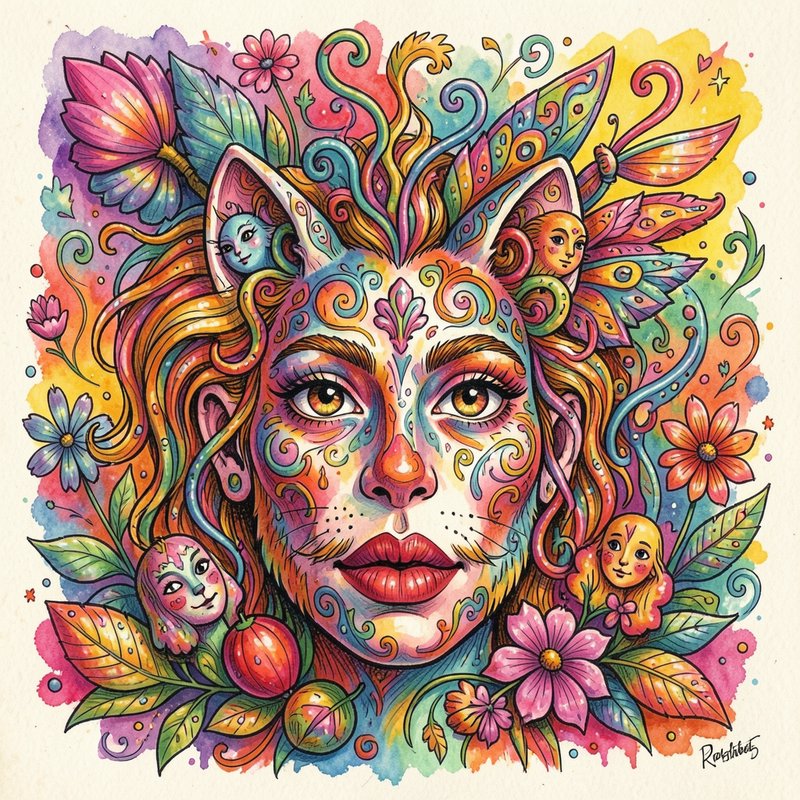 Vibrant psychedelic watercolor portrait of a cat-human hybrid framed by flowers, tiny spirit figu...