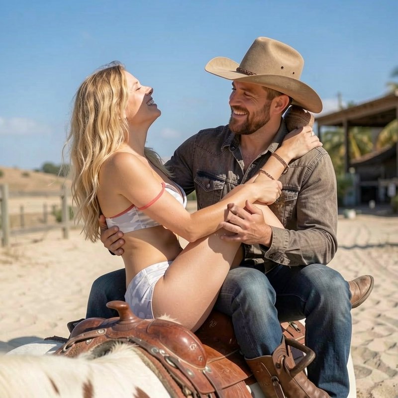 Happy smiling cowboy holds a laughing blonde woman seated with him on a saddled horse at a sunny ...