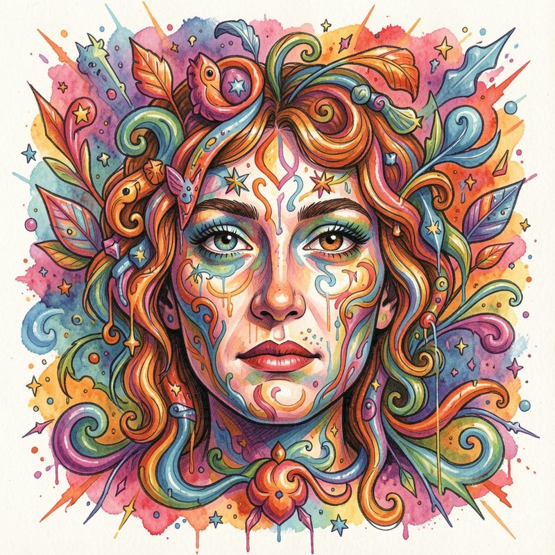 Vibrant surreal watercolor portrait of a woman with swirling face paint, whimsical curly hair, st...