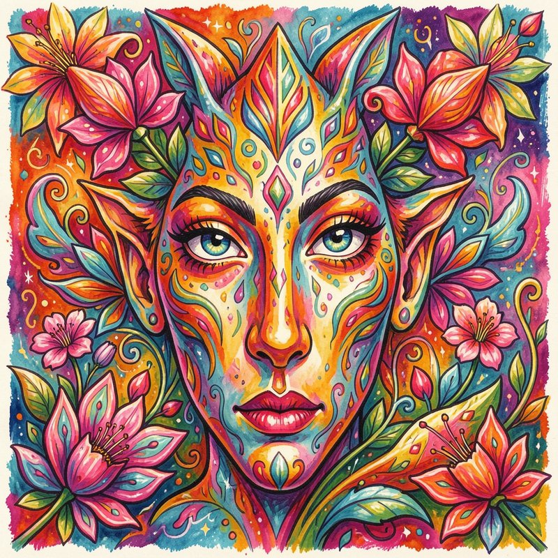 Vibrant psychedelic watercolor portrait of a floral elven forest spirit framed by bright blooming...