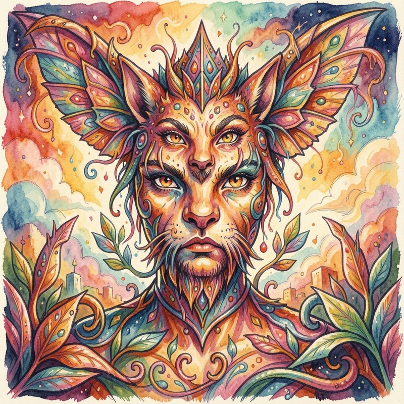 Vibrant watercolor portrait of a mythic feline-human deity with butterfly wings, swirling foliage...