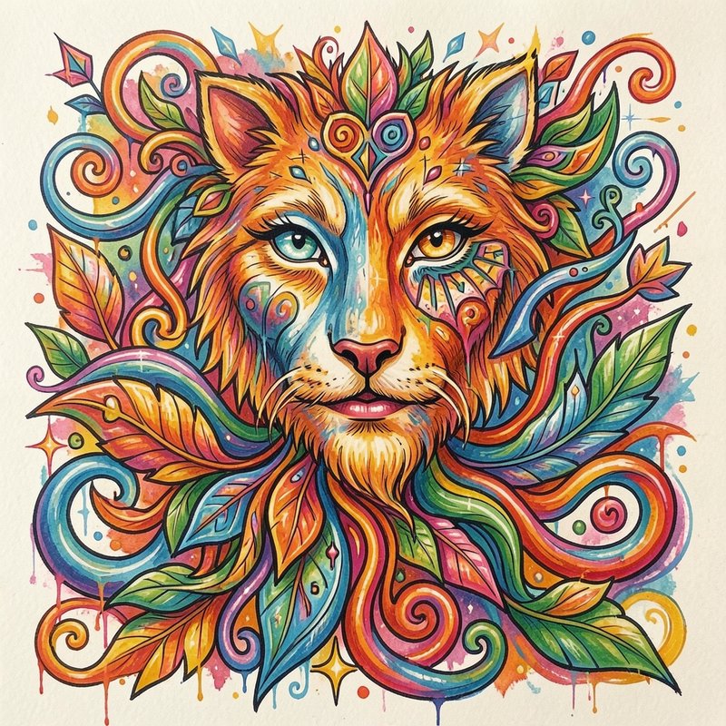 Vibrant psychedelic watercolor illustration of a mythical feline spirit surrounded by swirling ra...