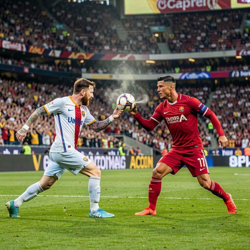 Two soccer players face off holding a smoking match ball between them on a crowded professional f...