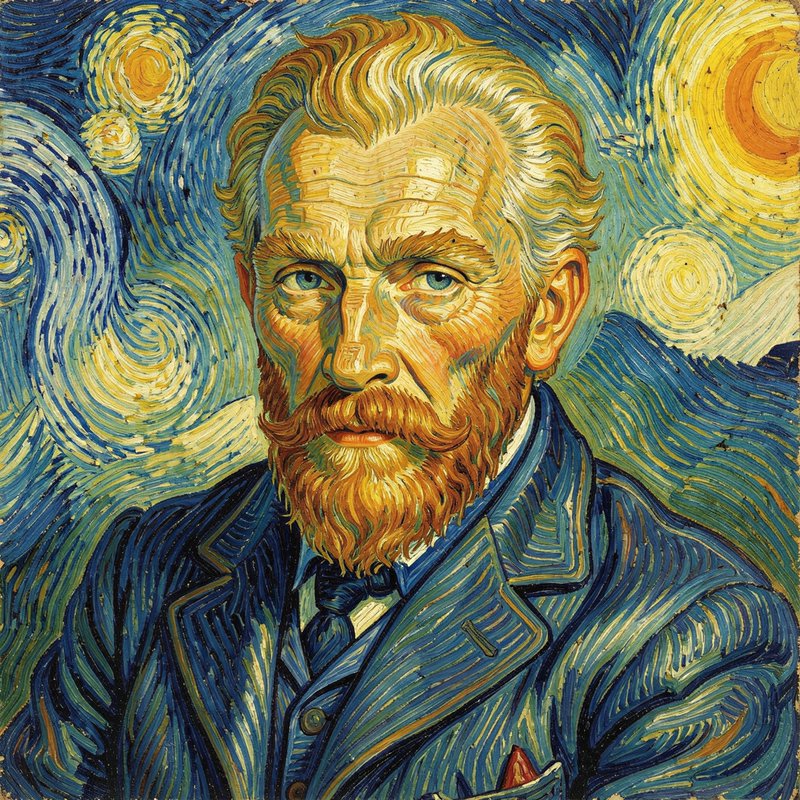 Impasto portrait of Vincent van Gogh, rendered in the swirling brushstroke style of The Starry Ni...