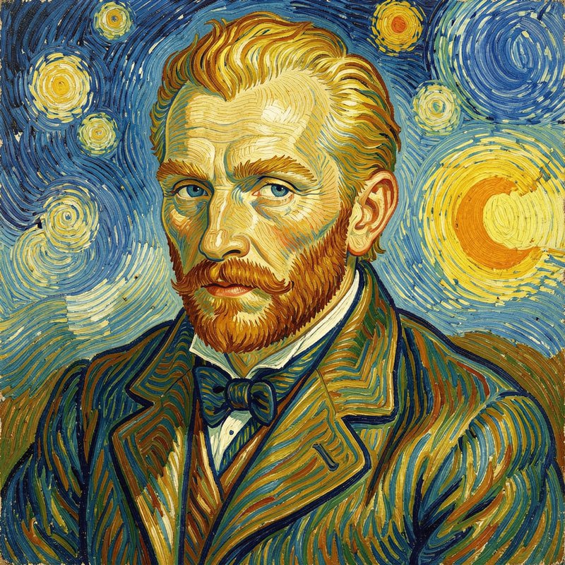 Impasto portrait of Vincent van Gogh rendered in the swirling style of The Starry Night, with a s...