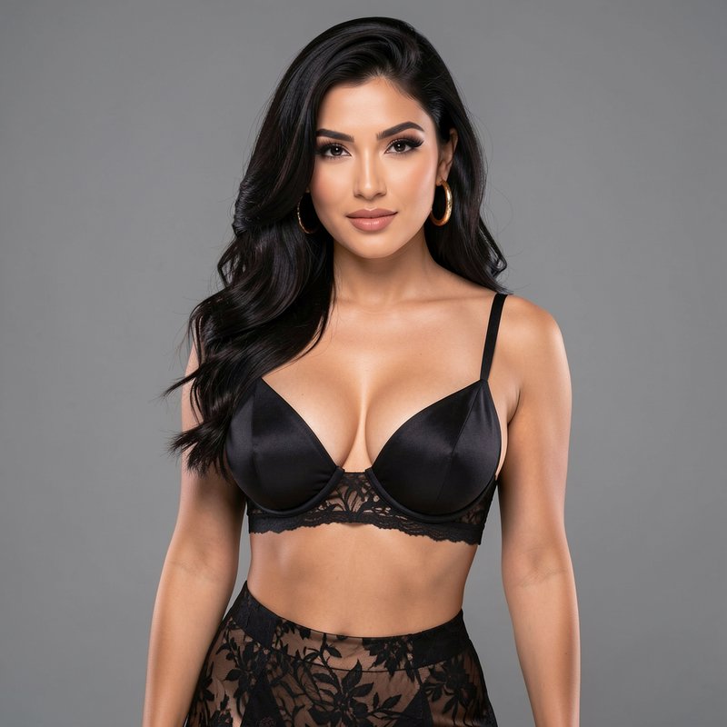 Studio portrait of a model wearing black satin lace lingerie against a solid neutral grey background