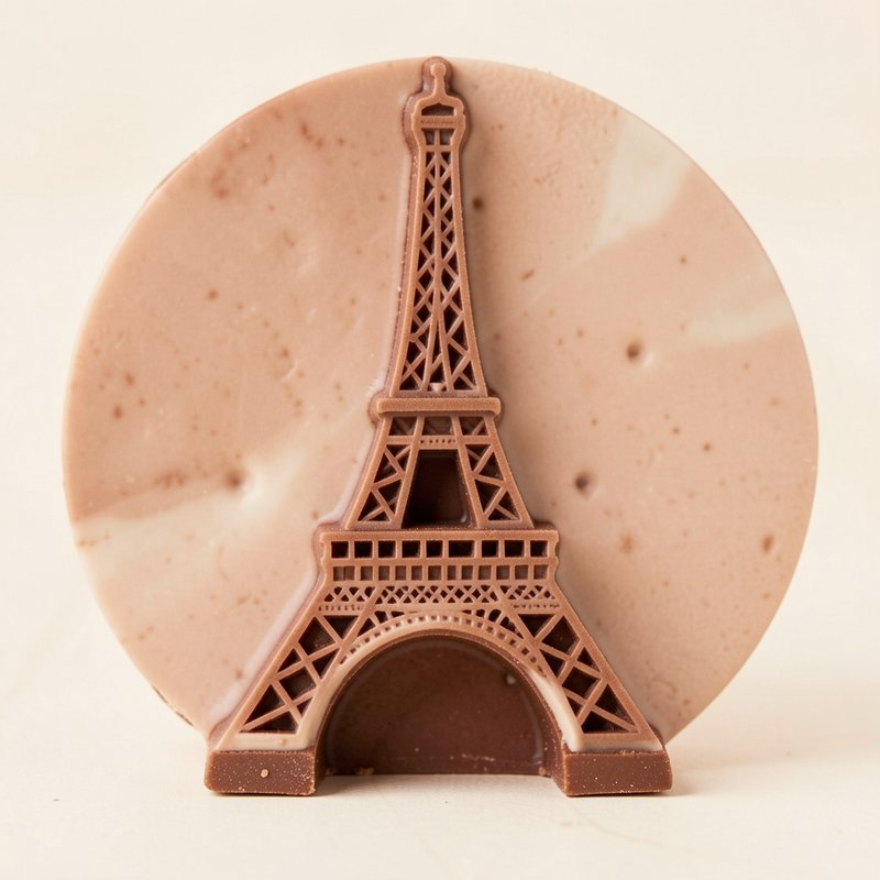 3D molded milk chocolate Eiffel Tower figurine standing in front of a swirled marbled chocolate c...