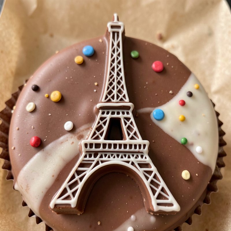 Chocolate glazed round cookie topped with an intricate white chocolate Eiffel Tower decoration an...