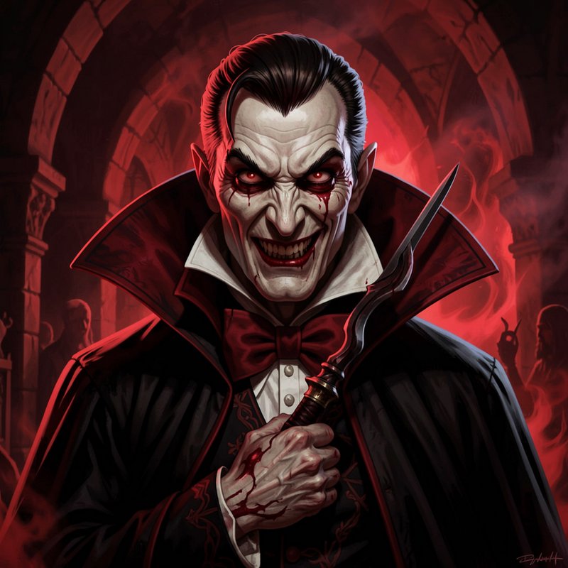 Menacing grinning Count Dracula vampire holds a bloody dagger in a red-lit gothic castle interior