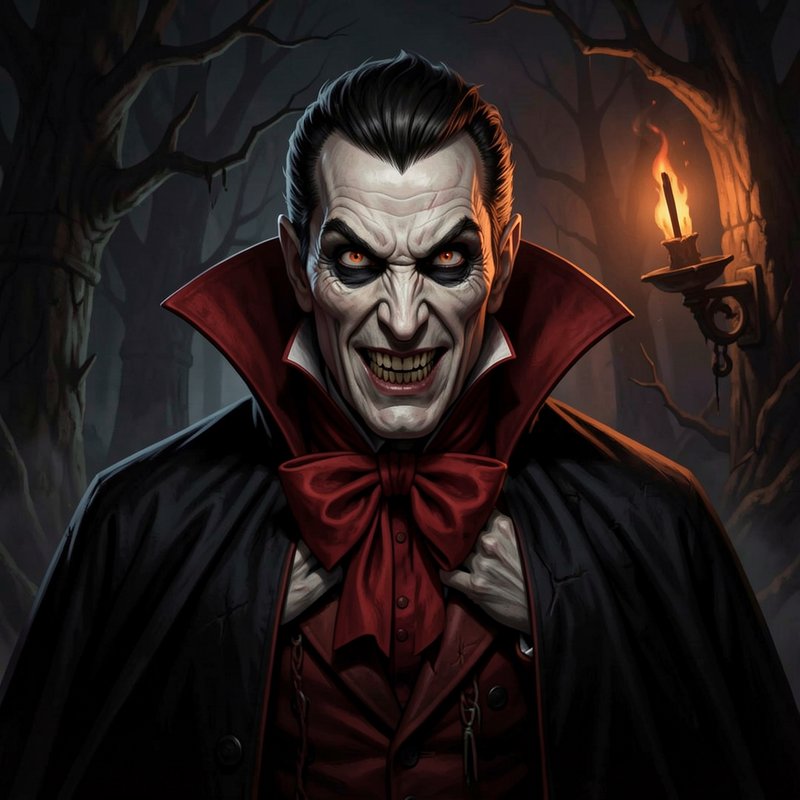 Menacing grinning Count Dracula vampire portrait, standing in a misty dark forest beside a flicke...