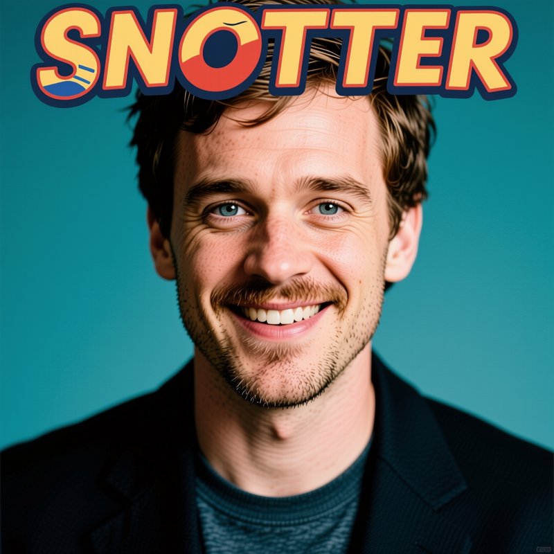 Grinning freckled man headshot with bold retro "SNOTTER" text over a solid teal studio background