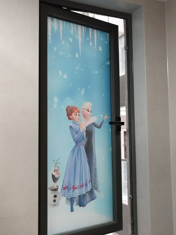 Door featuring a Frozen-themed illustration with Anna, Elsa, and Olaf against a blue icy backdrop.