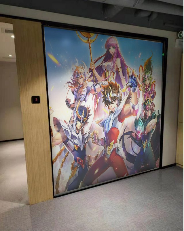 Large anime-style mural of colorful armored warriors with a central hero in a dynamic battle pose.