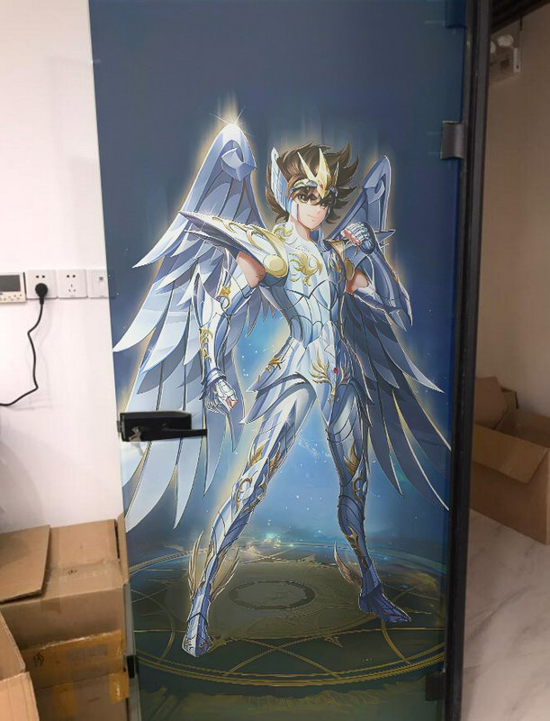 Door mural of an anime-style winged armored warrior standing heroically.