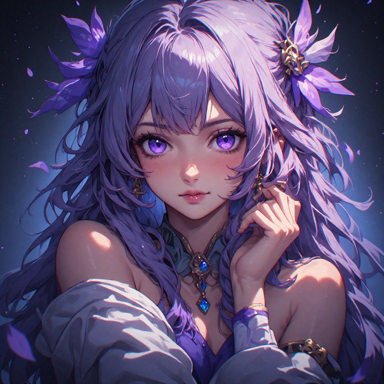 Close-up of an anime-style girl with lavender hair, purple eyes, and floral jewelry.