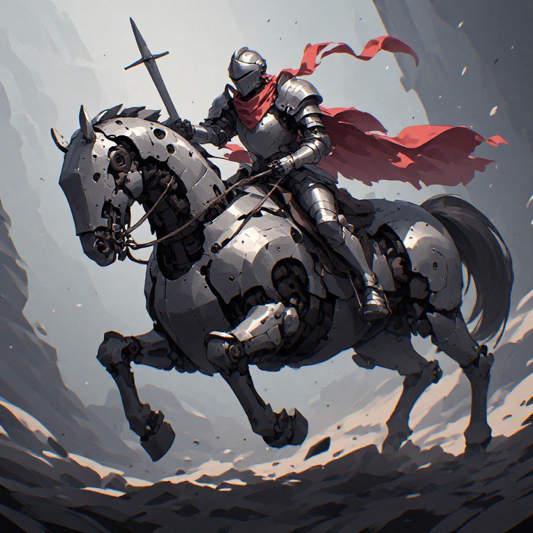 Armored knight riding a metallic warhorse through a rocky canyon with a red cape.