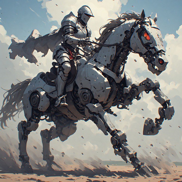 Armored knight riding a large metallic warhorse through a dusty desert.