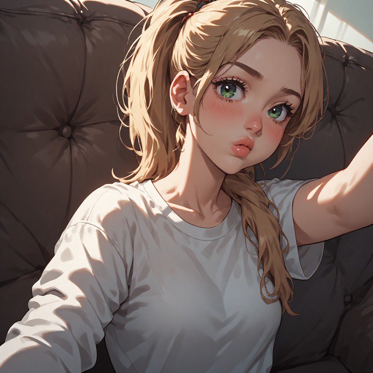 Anime-style illustration of a blonde girl with green eyes on a couch wearing a white T-shirt