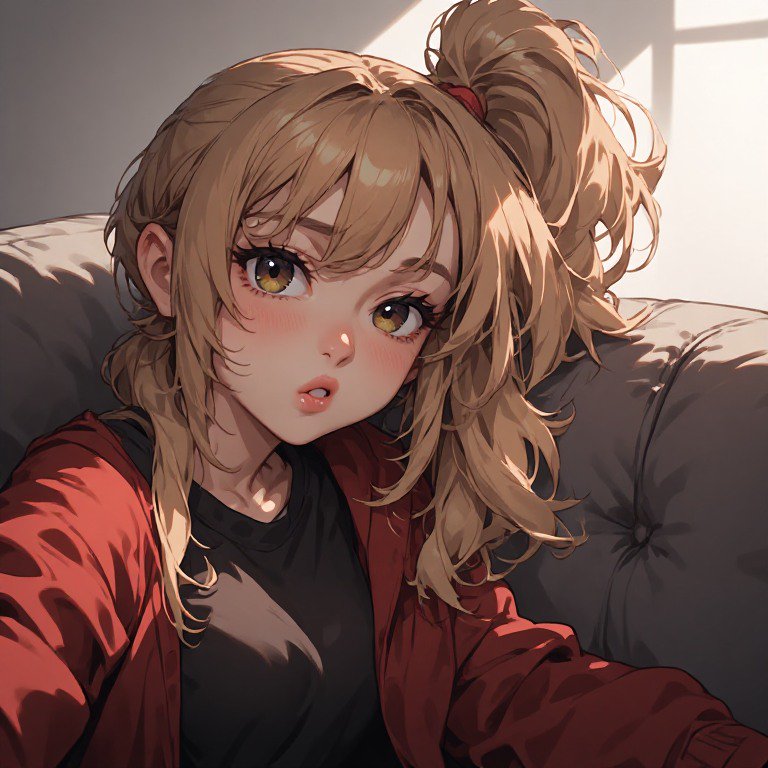 Anime-style girl with blonde hair in a messy bun, wearing a red jacket and black top on a gray co...
