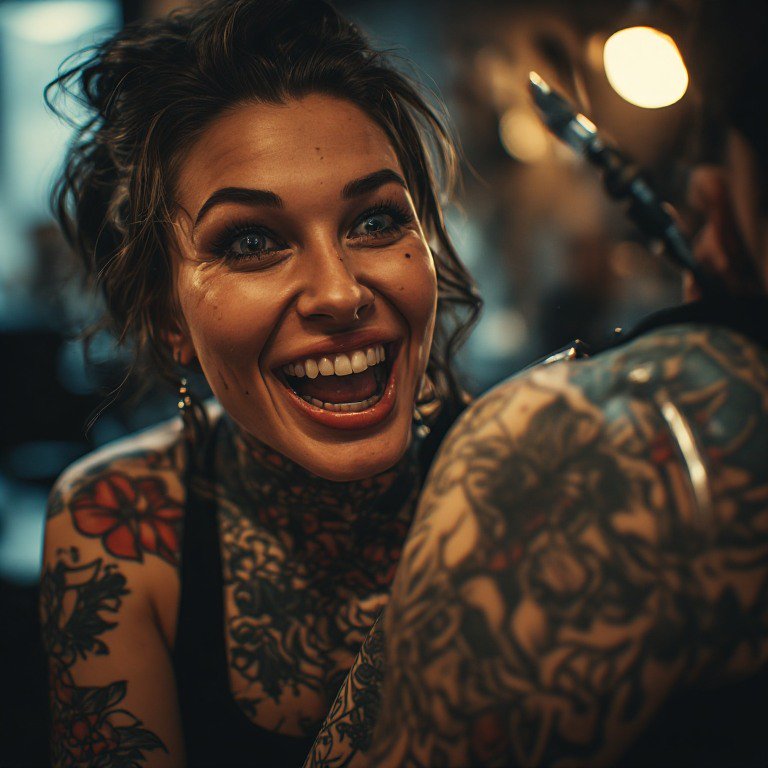 Smiling tattooed woman with dark lace top in a lively backstage setting
