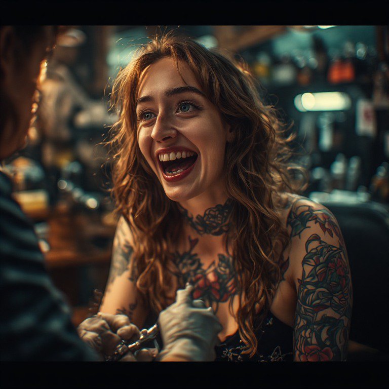 Smiling tattooed woman in a tattoo studio during a tattoo session.
