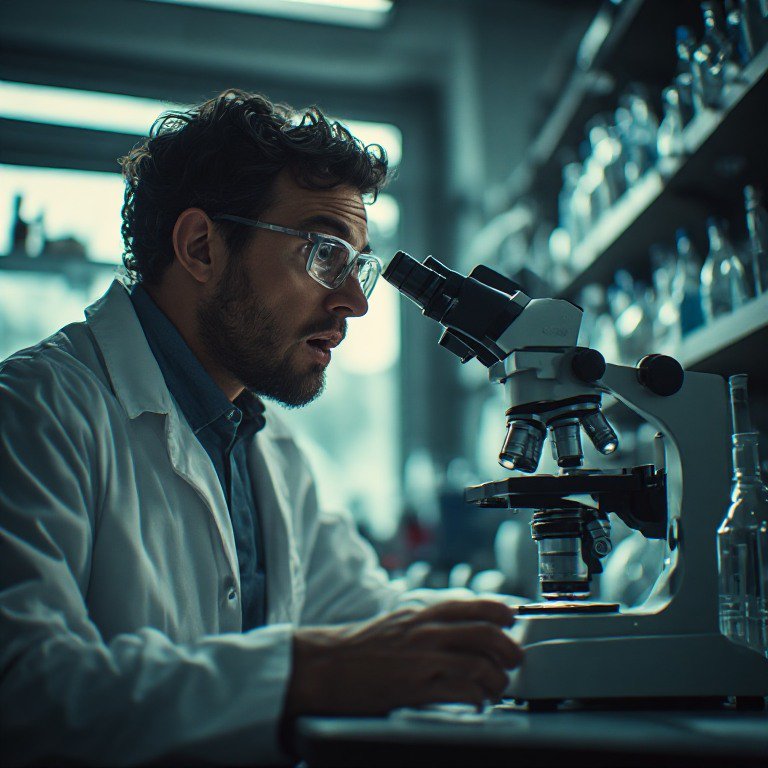 Male scientist in a lab coat using a compound microscope in a modern laboratory