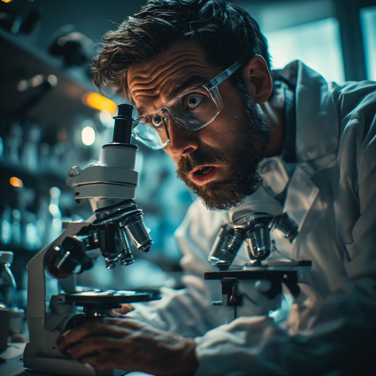 Male scientist in safety goggles uses a microscope in a modern lab with blue lighting.