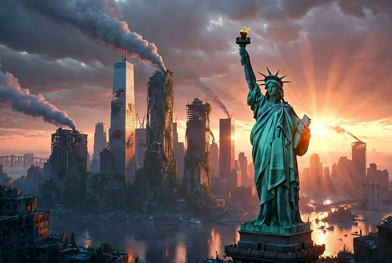 Statue of Liberty in foreground with a ruined, smoky cityscape at sunset.