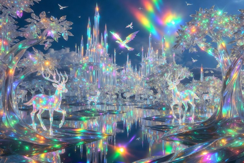 Iridescent fantasy landscape with crystal castle, glowing deer, and rainbow light reflections.