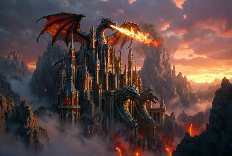 A towering fantasy castle with dragon statues and a fire-breathing dragon amid fiery skies.