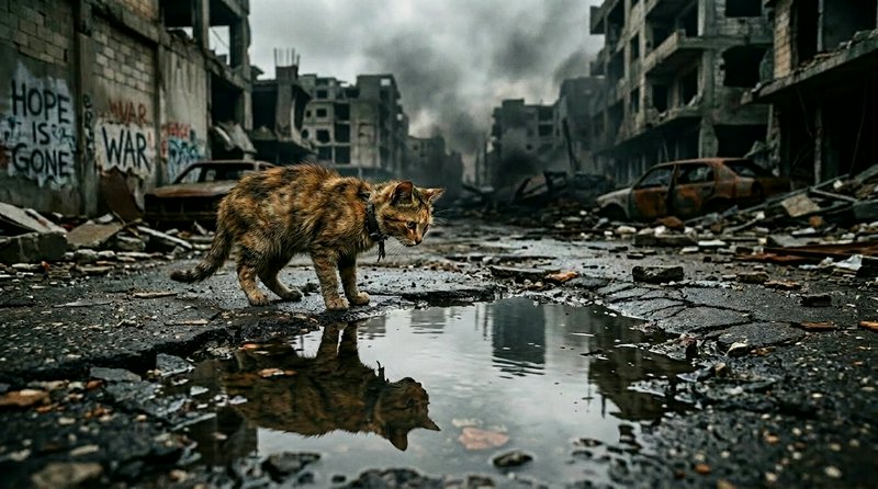 A stray cat wanders a ruined war-torn street with a puddle reflecting its silhouette.