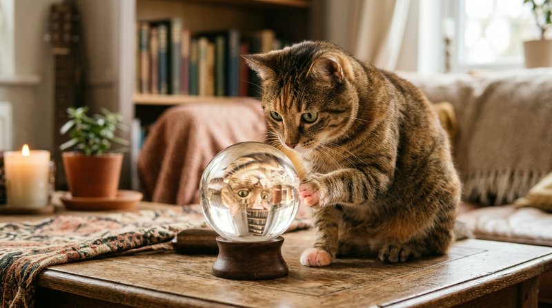 Curious tabby cat inspecting a crystal ball on a wooden coffee table.