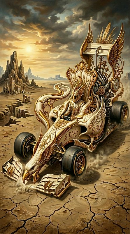 Surreal steampunk race car with dragon skull, wings, and ornate gold filigree in a cracked desert...