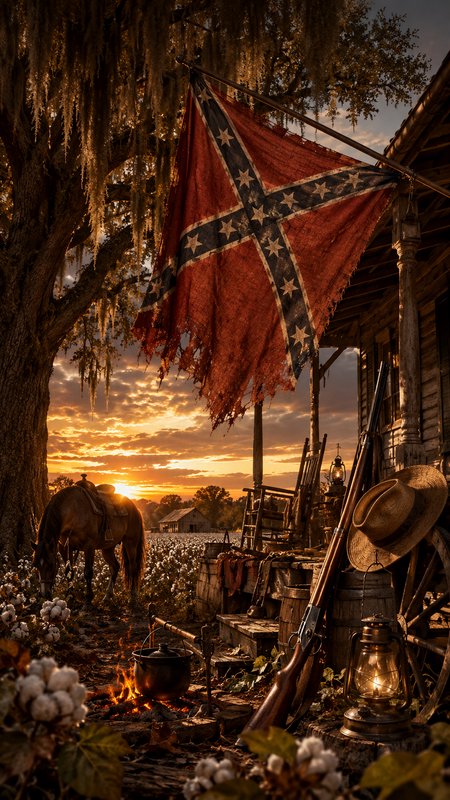 Weathered Confederate flag draped from a rustic porch at sunset, with a horse nearby and vintage ...