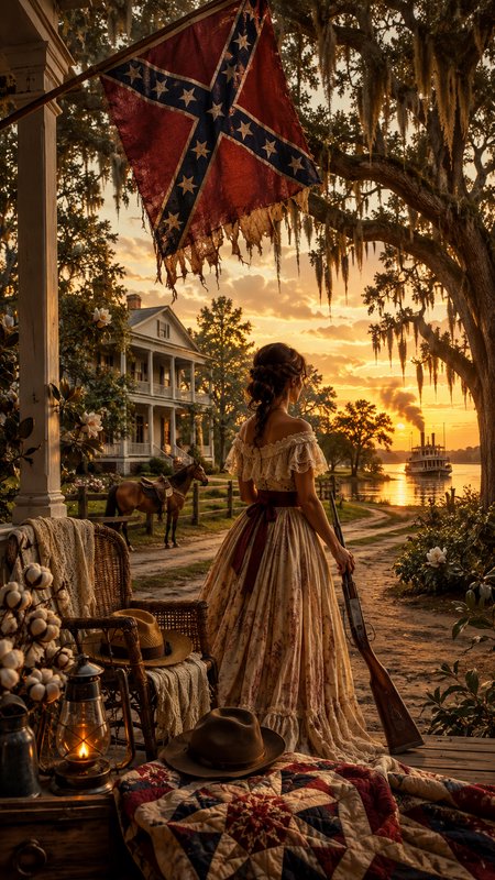 Woman in a vintage dress on a porch at sunset with a Confederate flag overhead by the river.