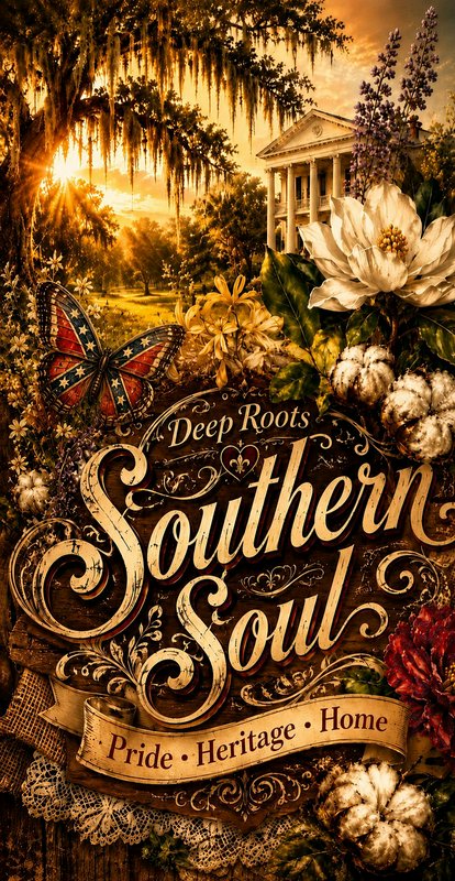Decorative poster for "Southern Soul" with florals, butterfly, and a white-columned building at s...